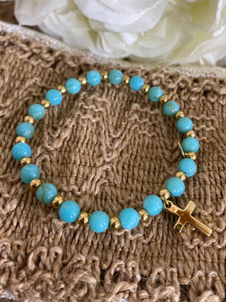 Bracelet élastique perle et croix A356 Mahana B Bleu