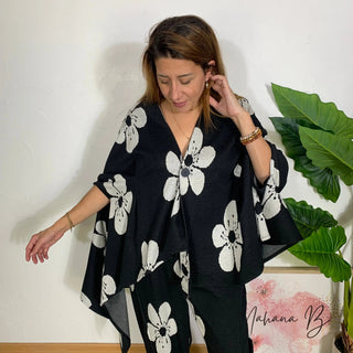 Veste gilet asymetrique motif fleur S239 Mahana B Noir